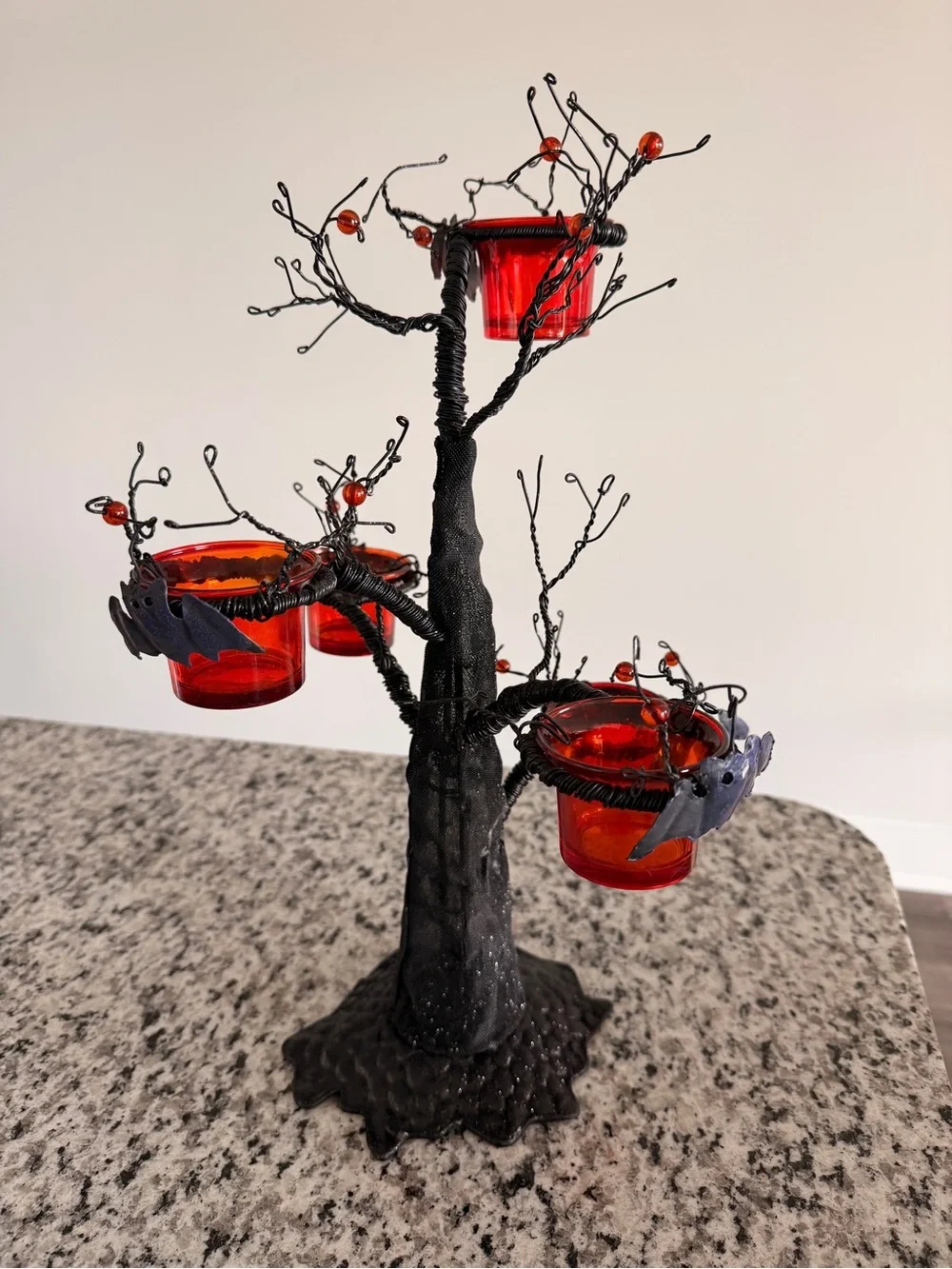 NEW Black Witches Hat Tree Votive Holder with Red Glass Cups & Bats - 17”x6”
